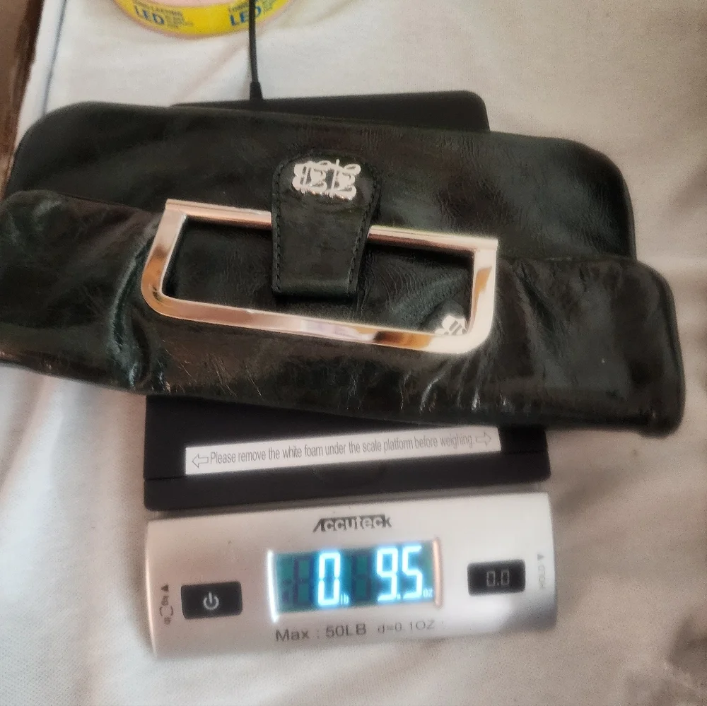 Leonello Borghi Y2K Style Dark Green Fold Over Clutch With Silvertone Hardware